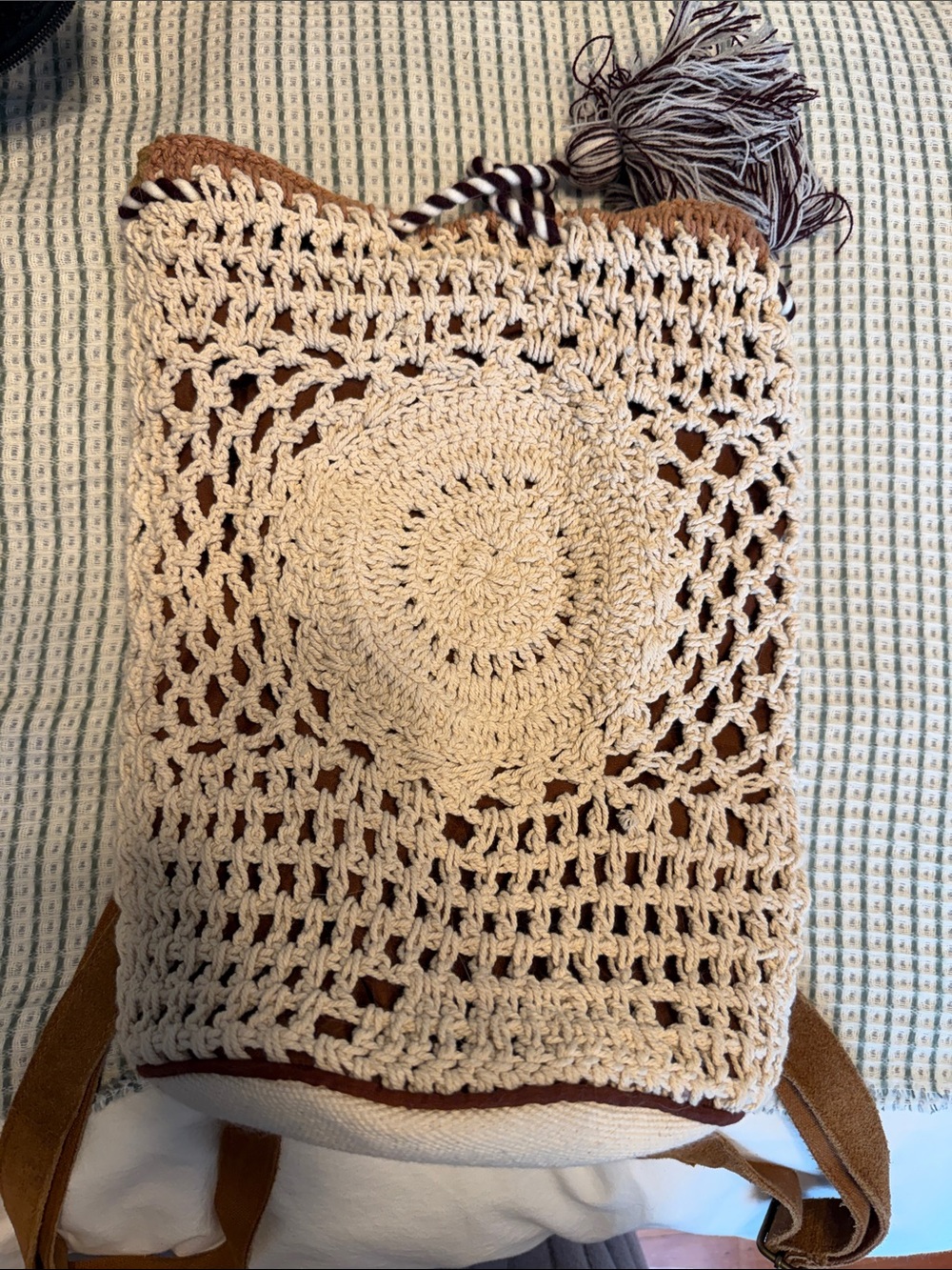 Handcrafted Cream Crochet Backpack with Brown Trim